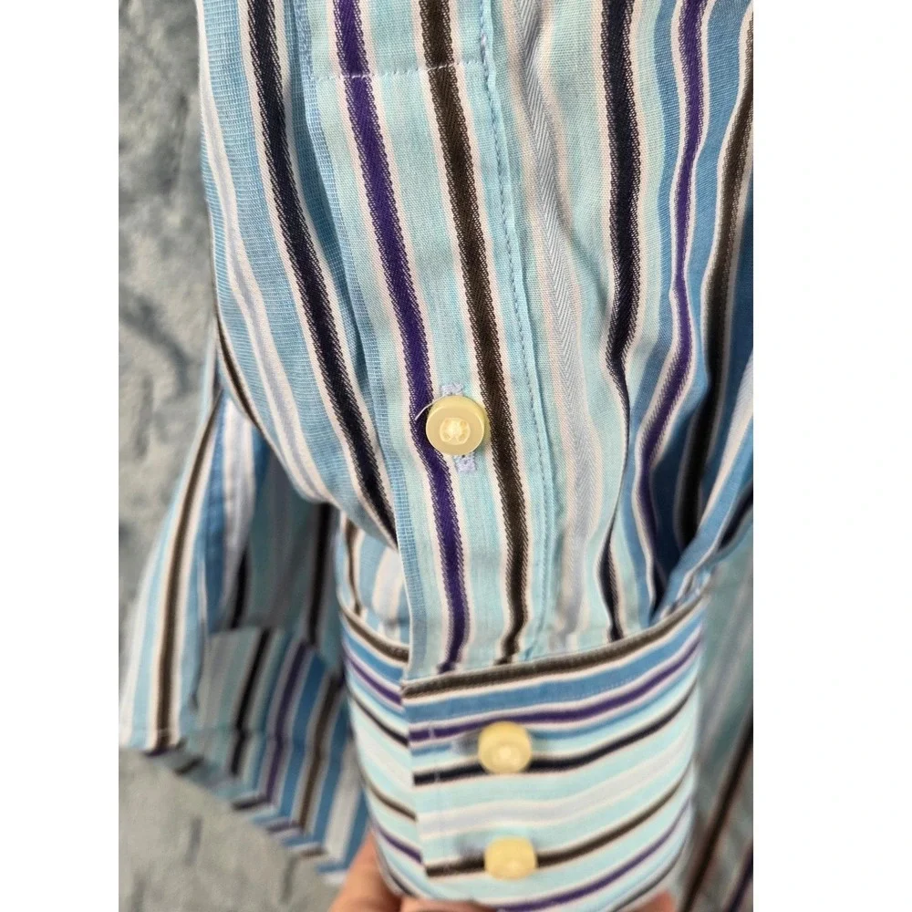 Thomas Dean Mens XL‎ Long Sleeve Button Down Shirt Blue Purple Striped Cotton